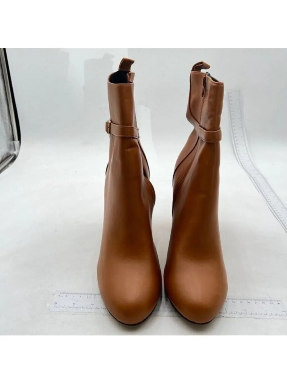 Brown Women Ankle Boots Side Zip Closed Toe Block Heel Buckle Strappy Dress Shoe